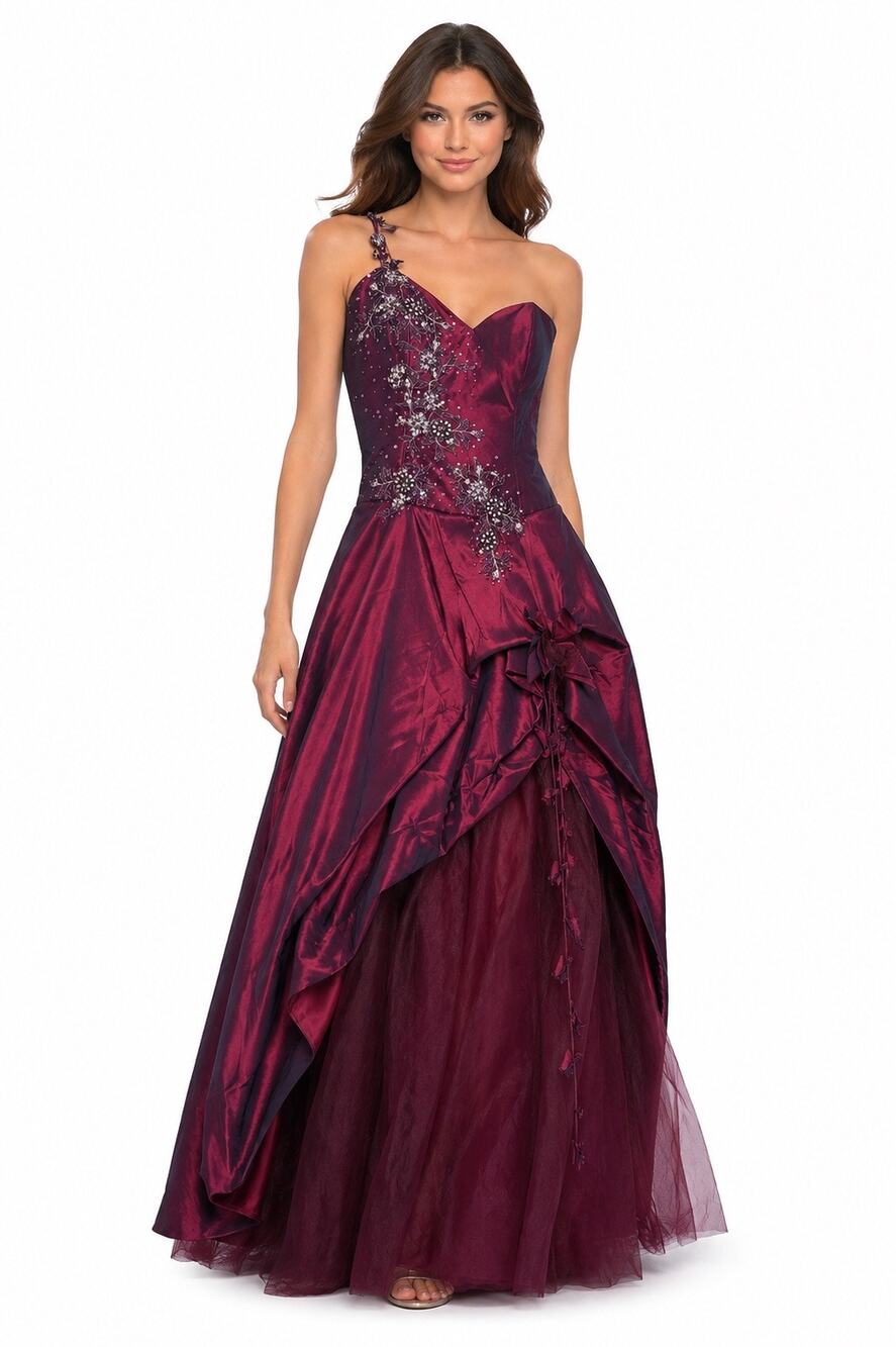 2000s Alyce Burgundy Iridescent One Shoulder Prom Gown Size Large